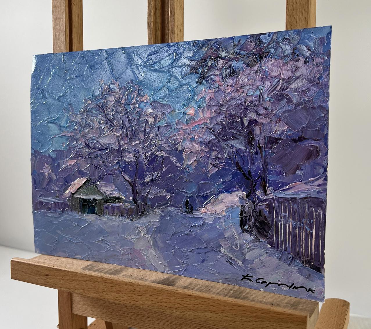 Oil painting Dear wintertime Boris Serdyuk: snowy landscape in purples and pinks