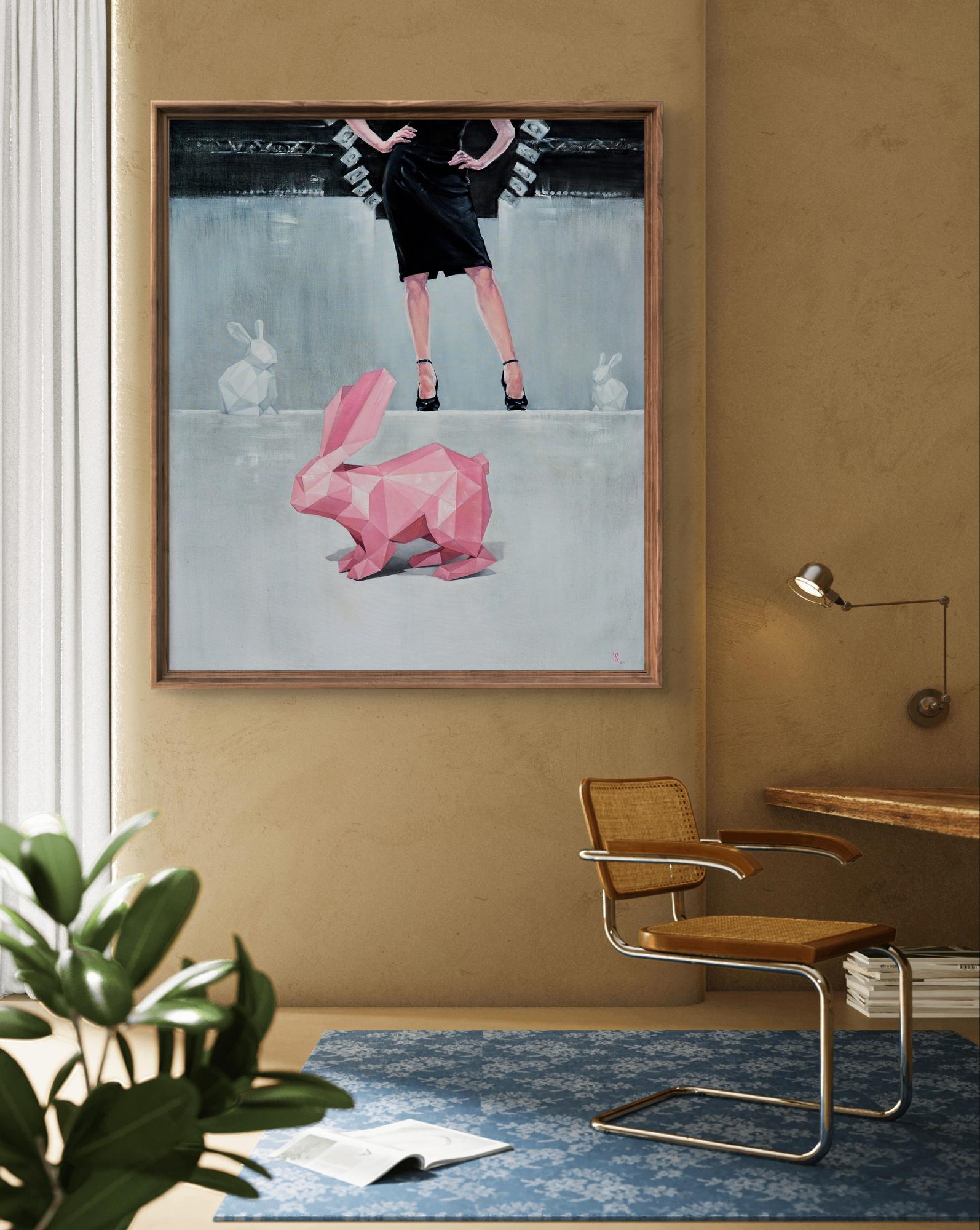 Oil painting Pink paper rabbit by Oleg Kateryniuk with pink geometric rabbit
