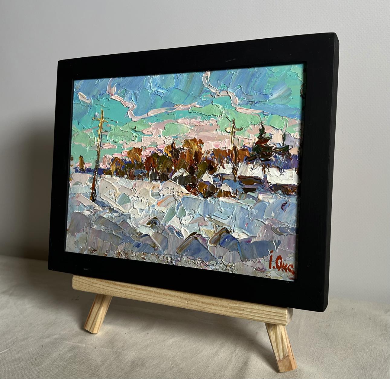 Textured impressionist oil painting After the Night Snow Storm by Oksana Ivanyuk in black frame