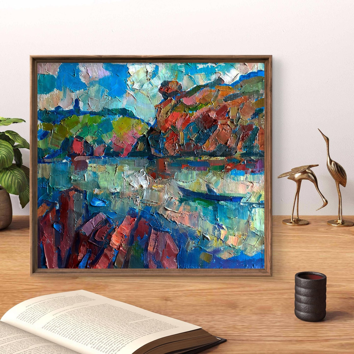 Oil painting Rocky river bank by Pavel Dobrev in rustic frame