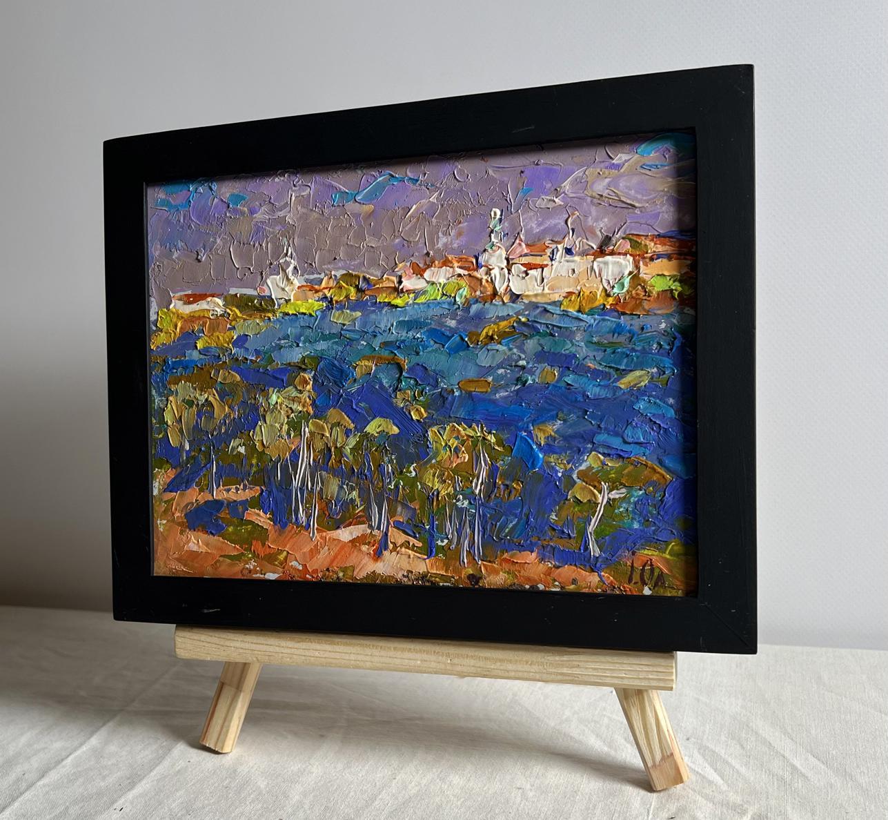 Oil painting of coastal village under grey clouds by Oleksiy Ivanyuk