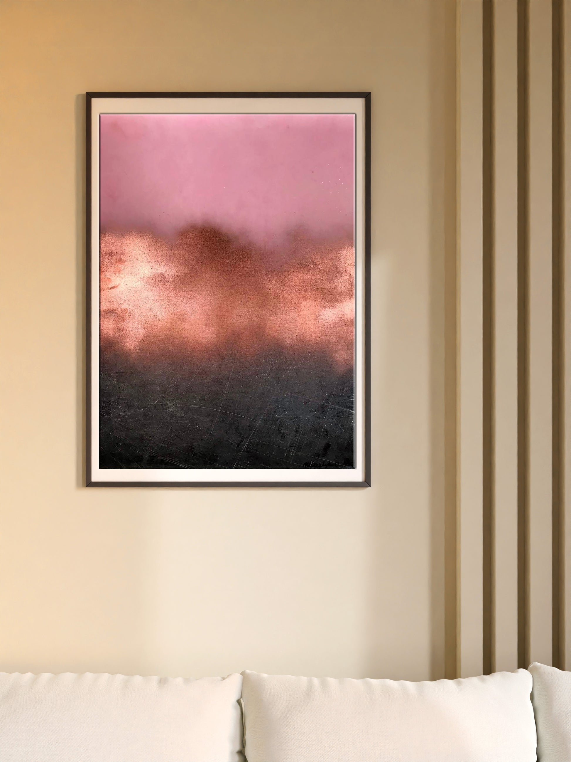 Morning Fog framed abstract art with pink-to-black gradient smoky clouds