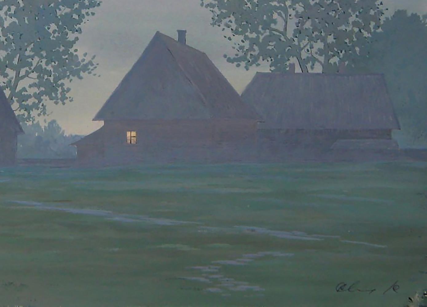 Watercolor painting of misty summer morning village by Valery Savenets