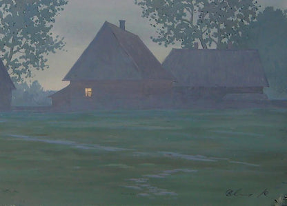 Watercolor painting of misty summer morning village by Valery Savenets
