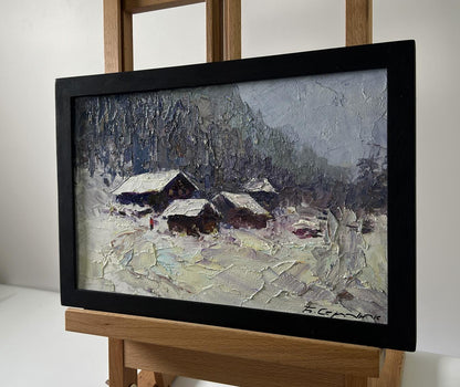 Oil painting Winter village by Boris Serdyuk in black frame