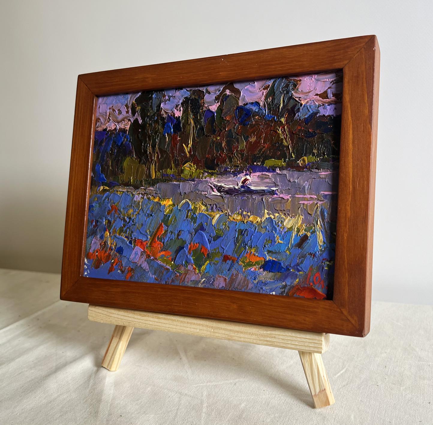 Oil painting In the Evening by the Lake and Field by Oleksiy Ivanyuk in wooden frame