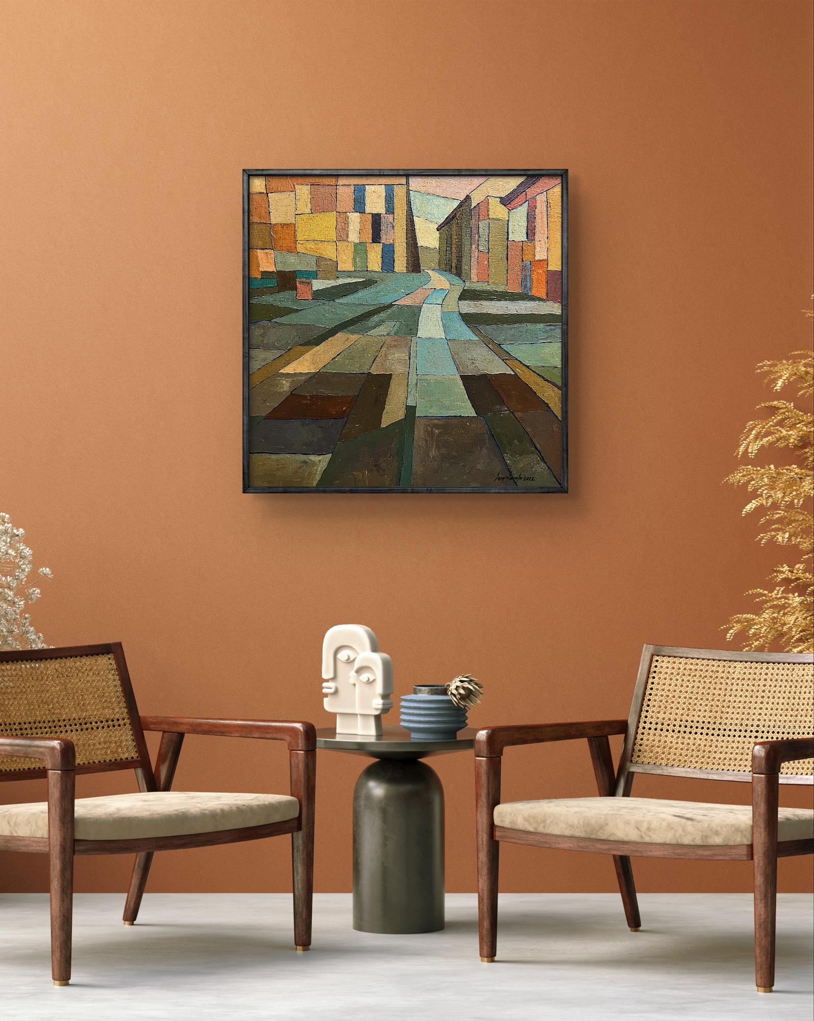 Oil painting The road to the square by Serhiy Kovalev in black frame