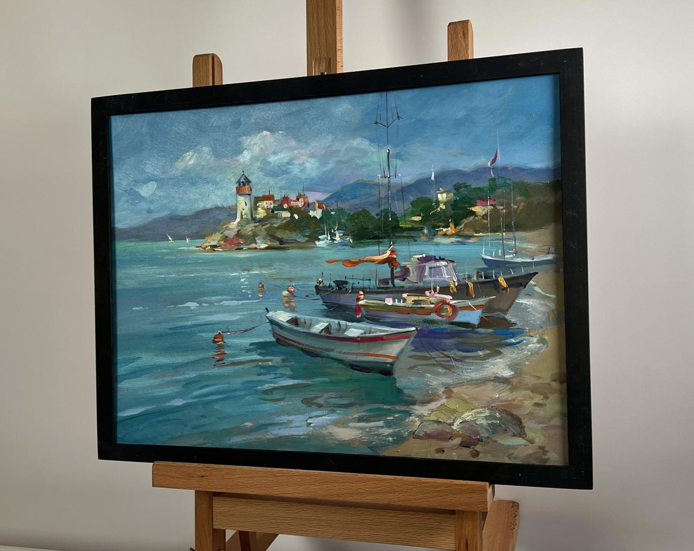 Oil painting of boats and lighthouse by Yuriy Suprunchuk in black frame