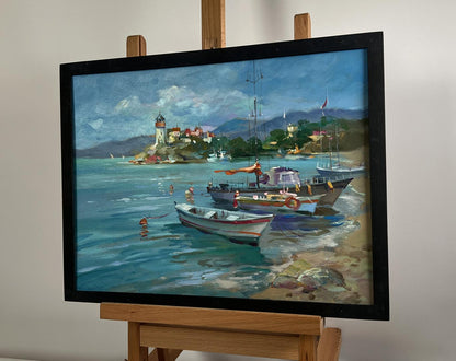 Oil painting of boats and lighthouse by Yuriy Suprunchuk in black frame