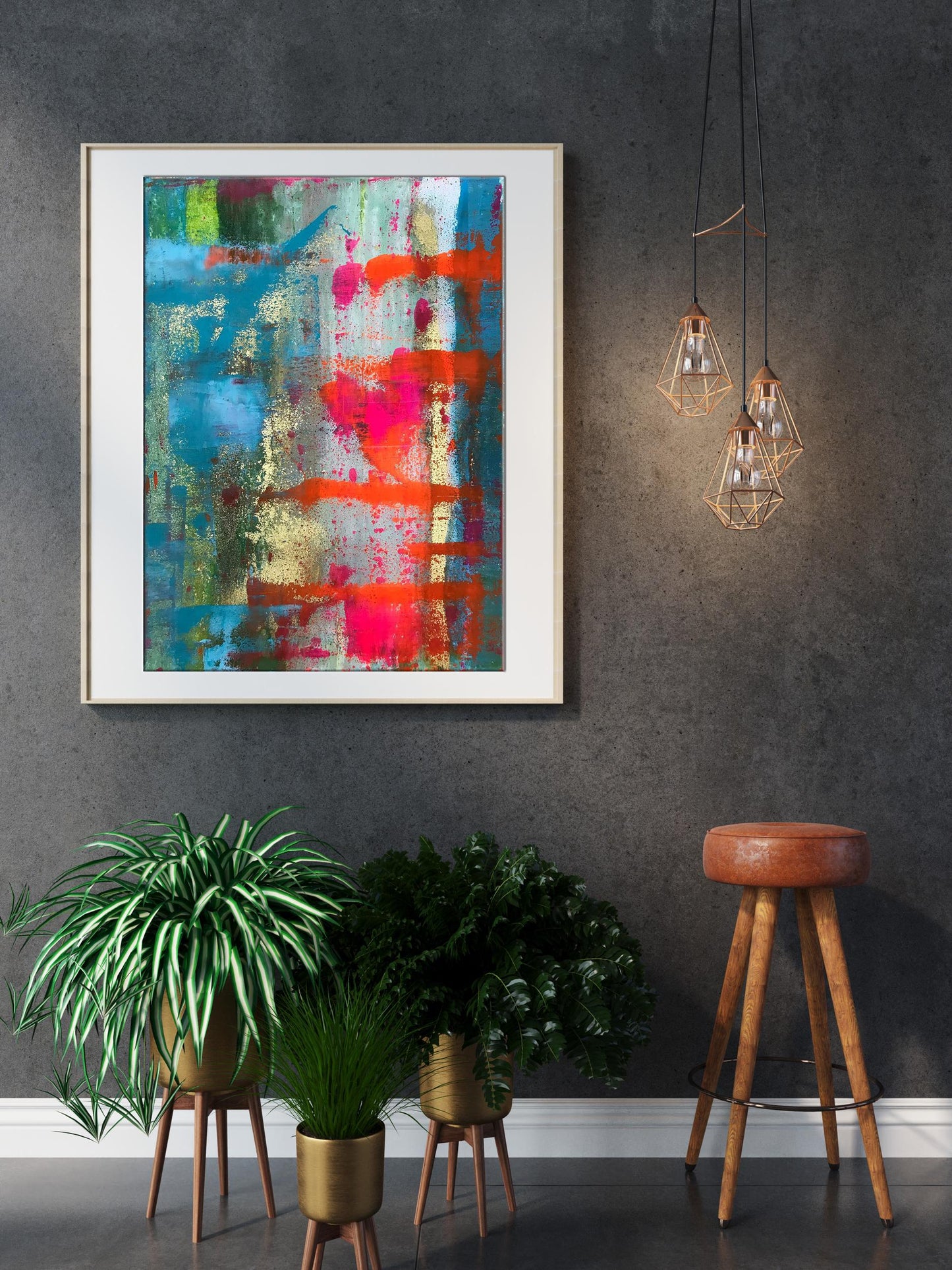Holiday abstract painting in white frame with vibrant blue red gold strokes
