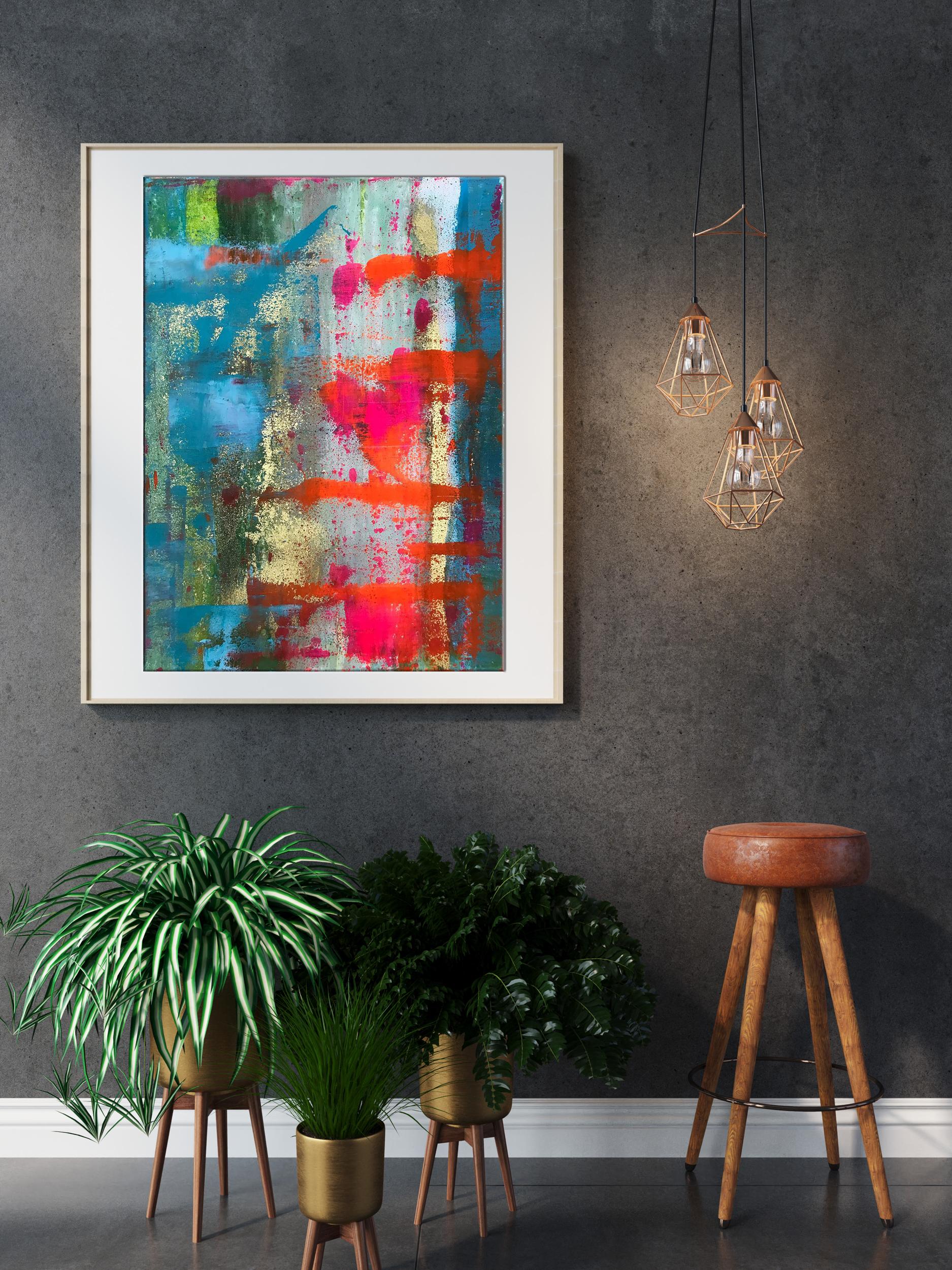 Holiday abstract painting in white frame with vibrant blue red gold strokes