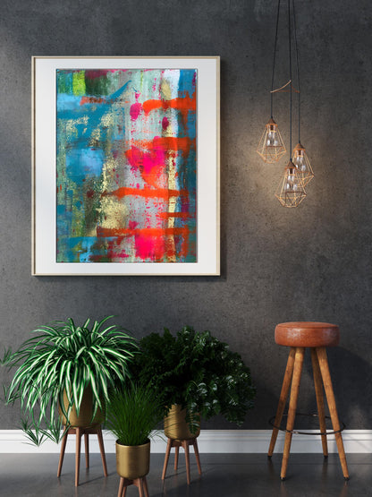 Holiday abstract painting in white frame with vibrant blue red gold strokes