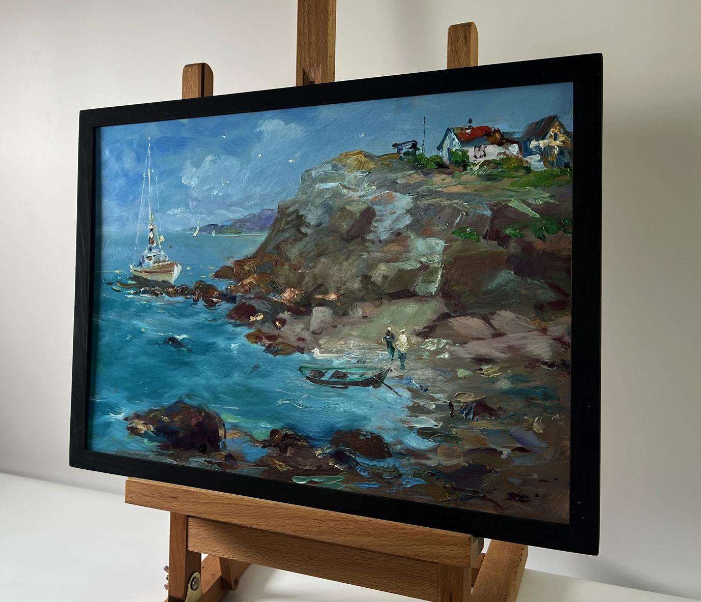 Oil painting Shore with a boat by Yuriy Suprunchuk in black frame