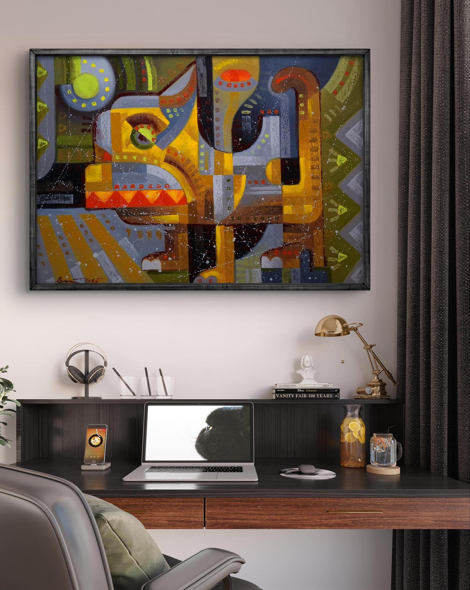 Oil painting Near the crosswalk by Sergiy Voichenko in black frame above desk