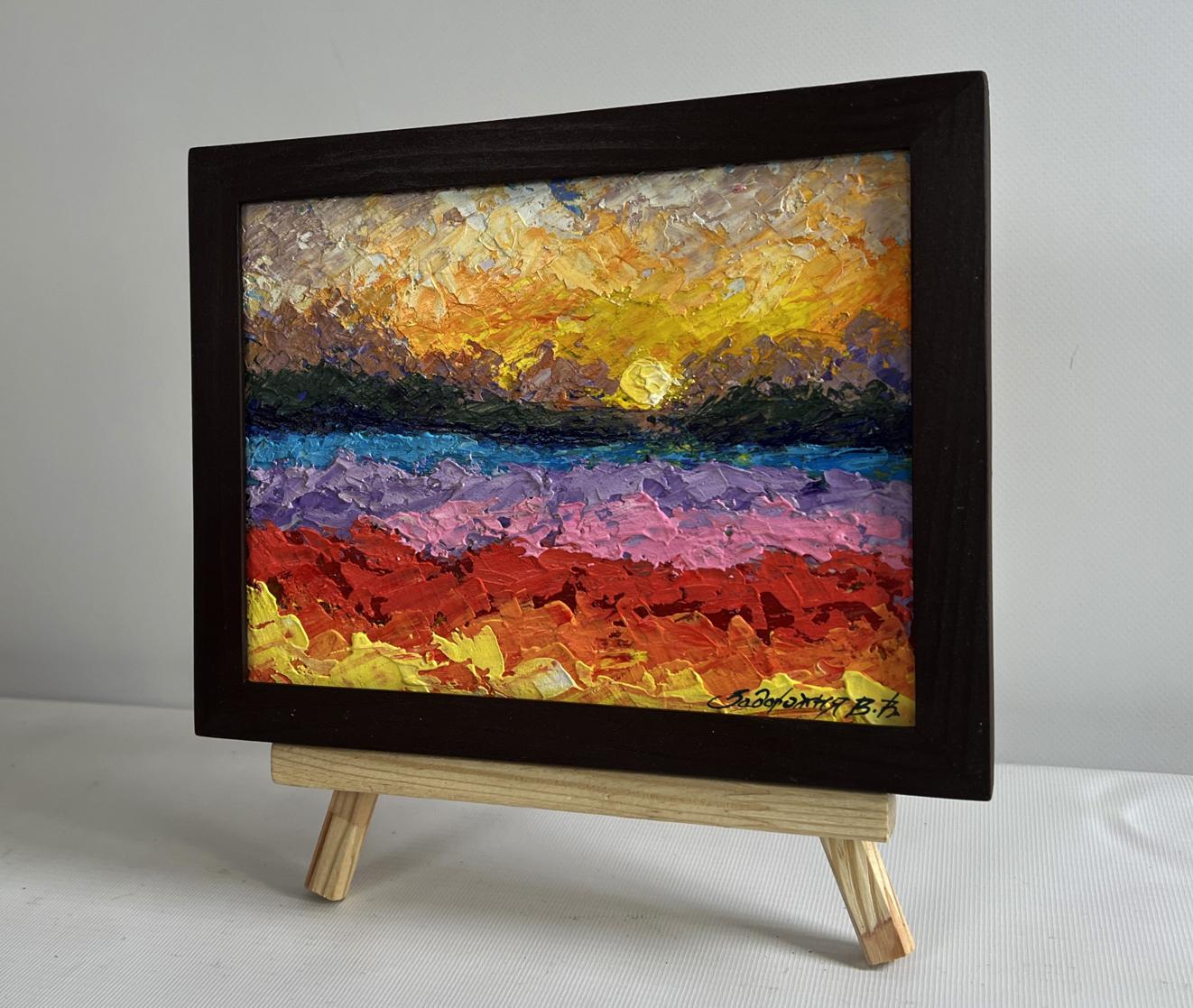 Oil painting Farewell light on the horizon by V. Zadorozhnya in black frame