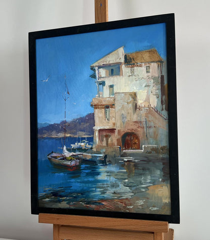 Oil painting Waiting for the Tide by Yuriy Suprunchuk in black frame