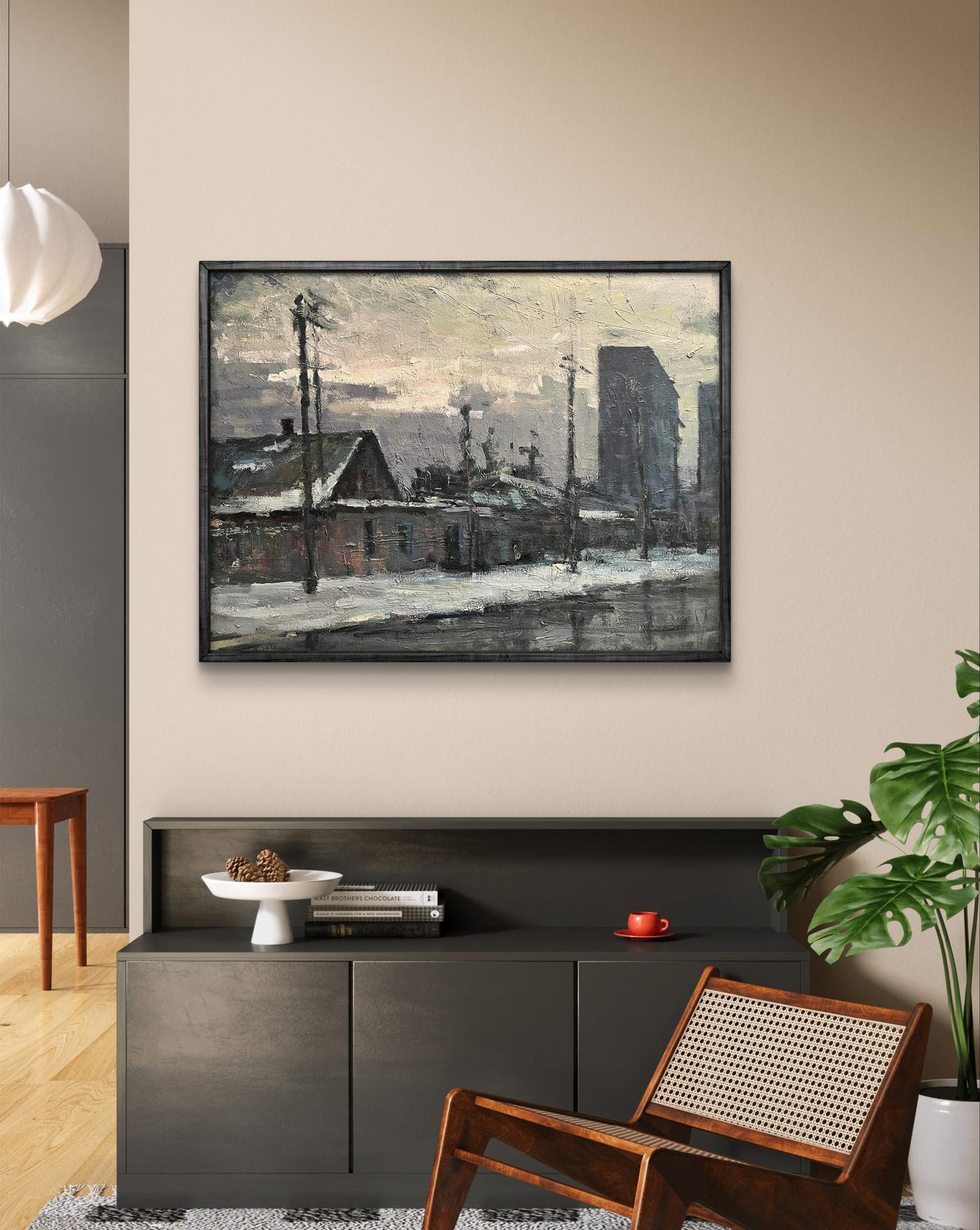 Framed oil painting Snowy street by Volodymyr Pashchenko, dark textured abstract