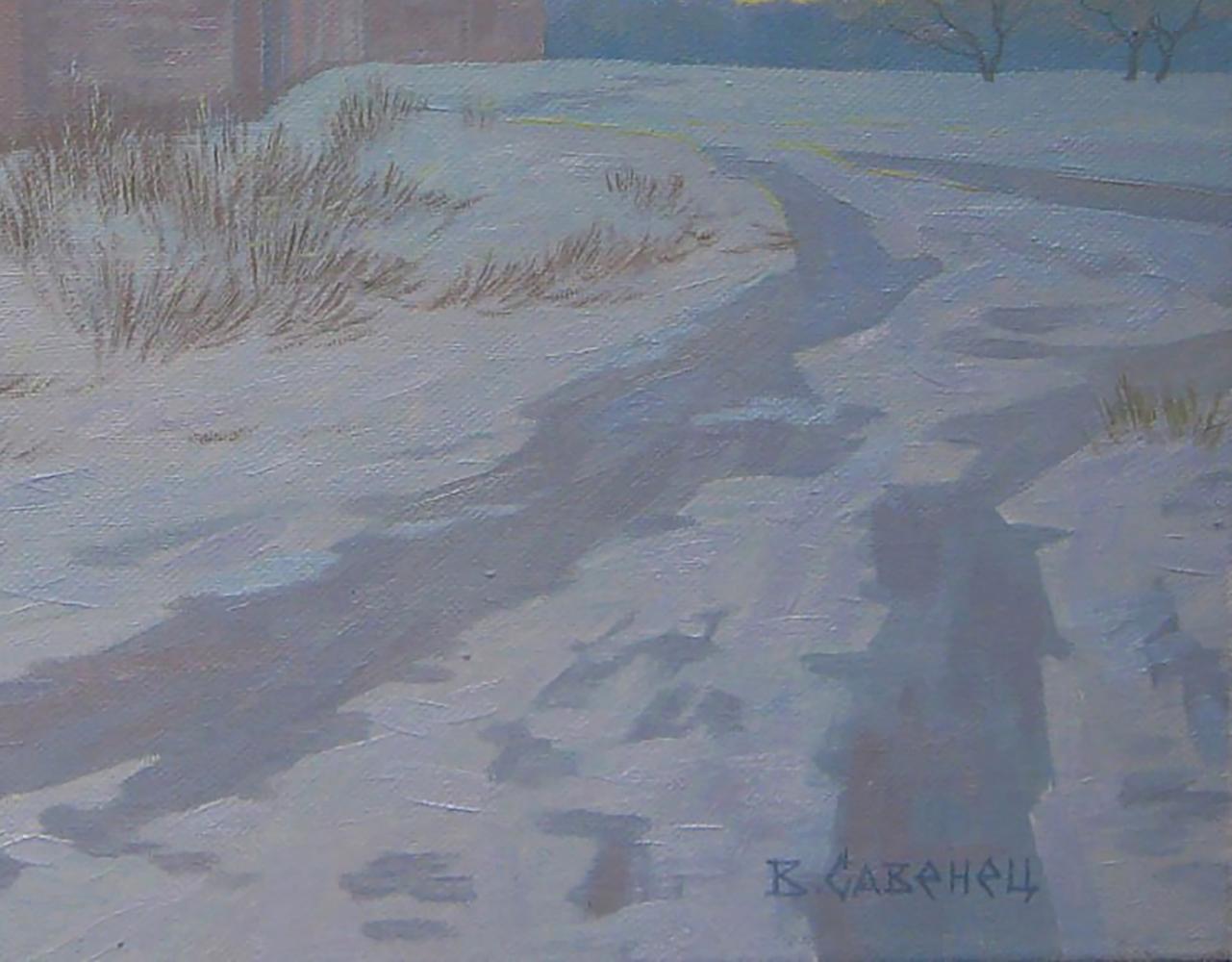 Winter evening oil painting by Valery Savenets snowy rural path