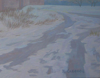 Winter evening oil painting by Valery Savenets snowy rural path