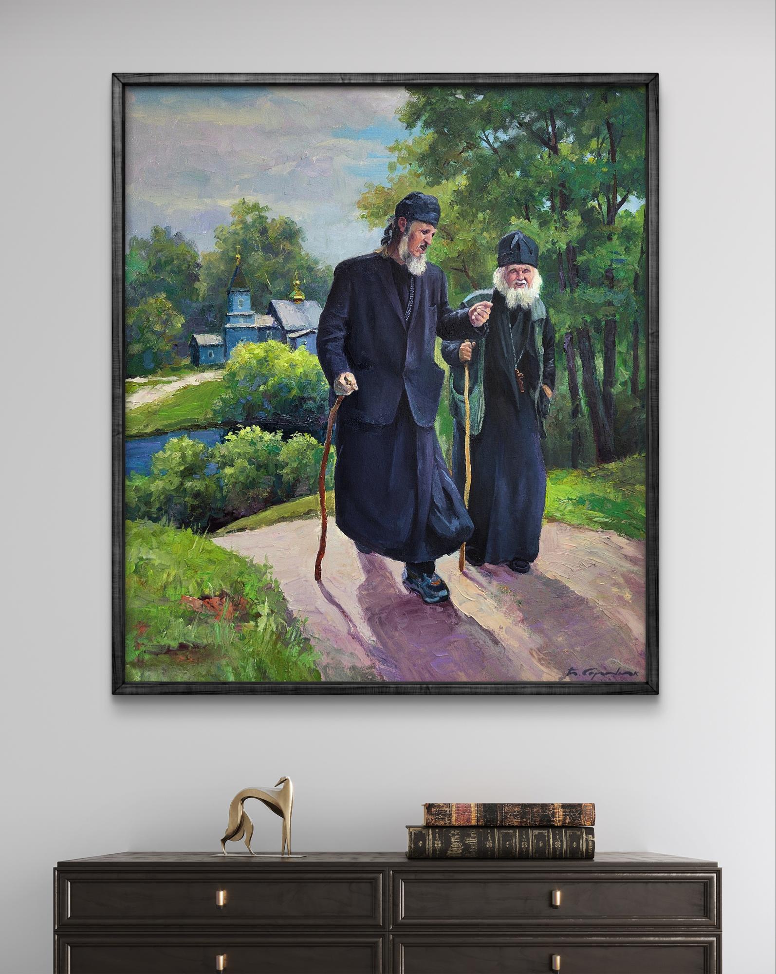 Framed Oil painting From Sunday service Boris Serdyuk two elderly men river path