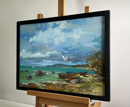 Framed Oil Painting Bound by the Current by Yuriy Suprunchuk coastal scene
