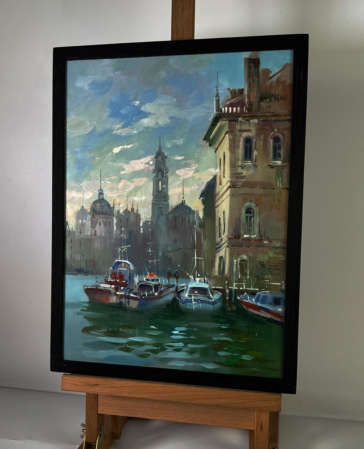 Framed oil painting of Venice morning sunrise canal scene by Yuriy Suprunchuk