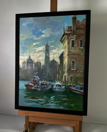 Framed oil painting of Venice morning sunrise canal scene by Yuriy Suprunchuk
