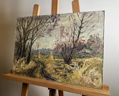 Oil painting Warm autumn days by Boris Serdyuk: textured landscape with trees, hay bales