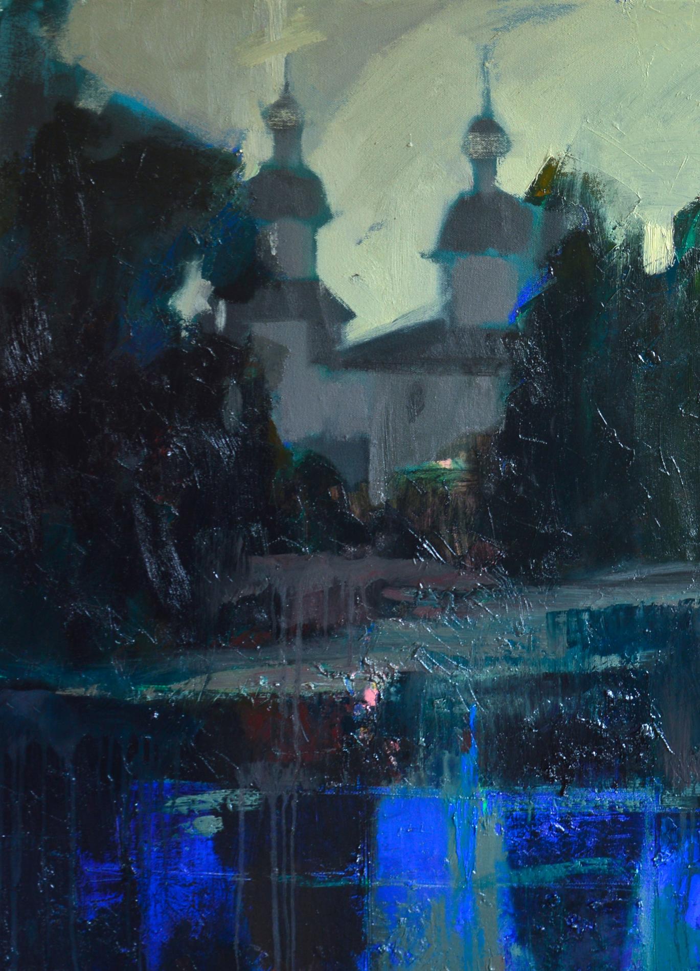 Oil painting Above the lake by Natalia Korf-Ivaniuk moody church reflection