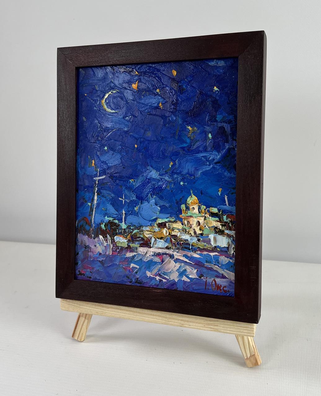 Dark wood-framed oil painting of moonlit starry night over village by Oksana Ivanyuk