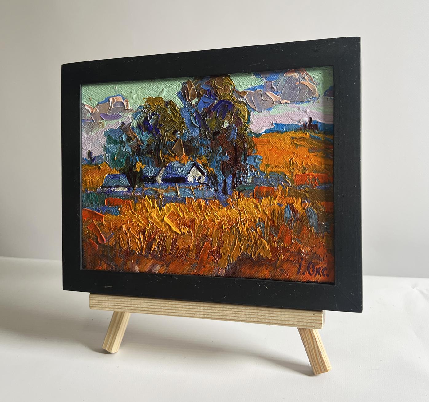Oil painting Autumn village evening by Oksana Ivanyuk in black frame