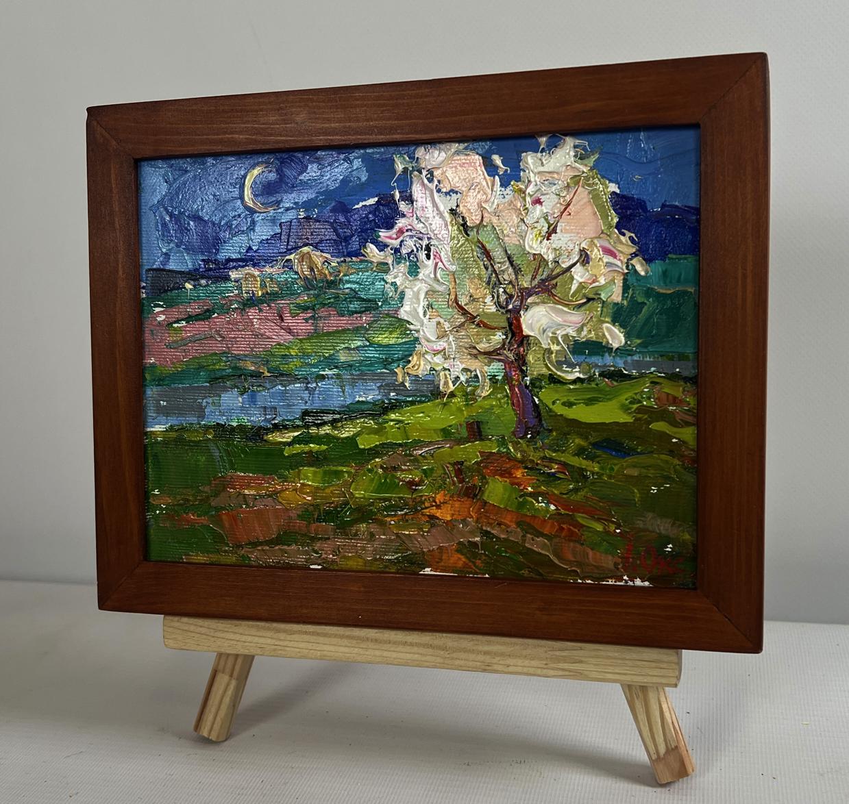 Oil painting Wild pear near the river by Oksana Ivanyuk, moonlit blossoms