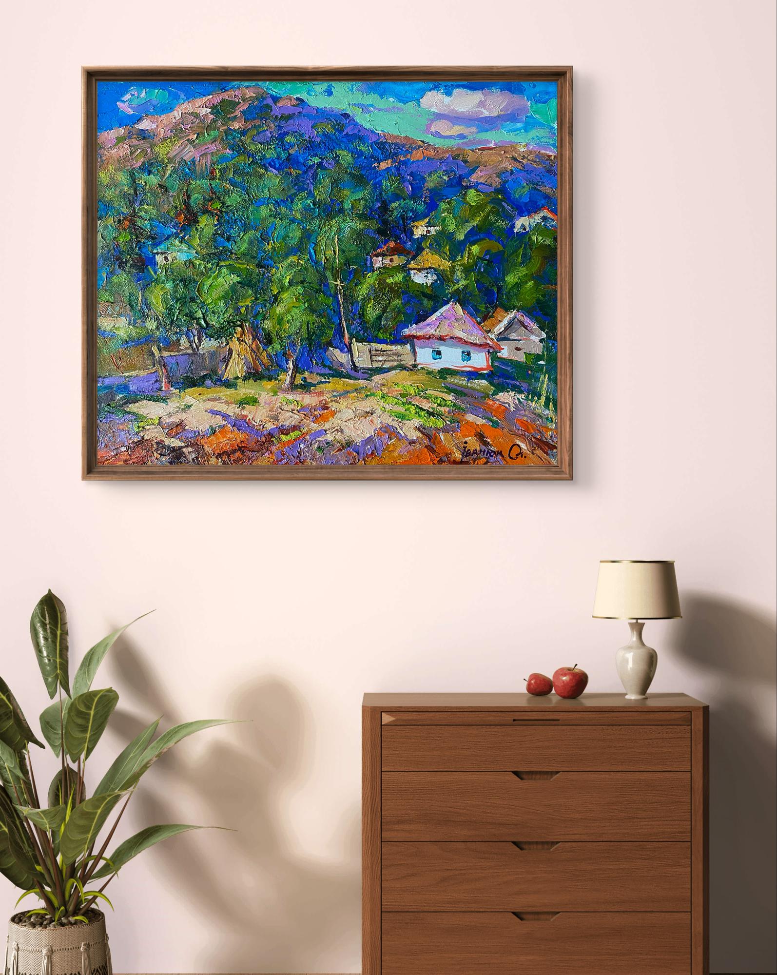 Oil painting A village in a valley by Oleksiy Ivanyuk in wooden frame