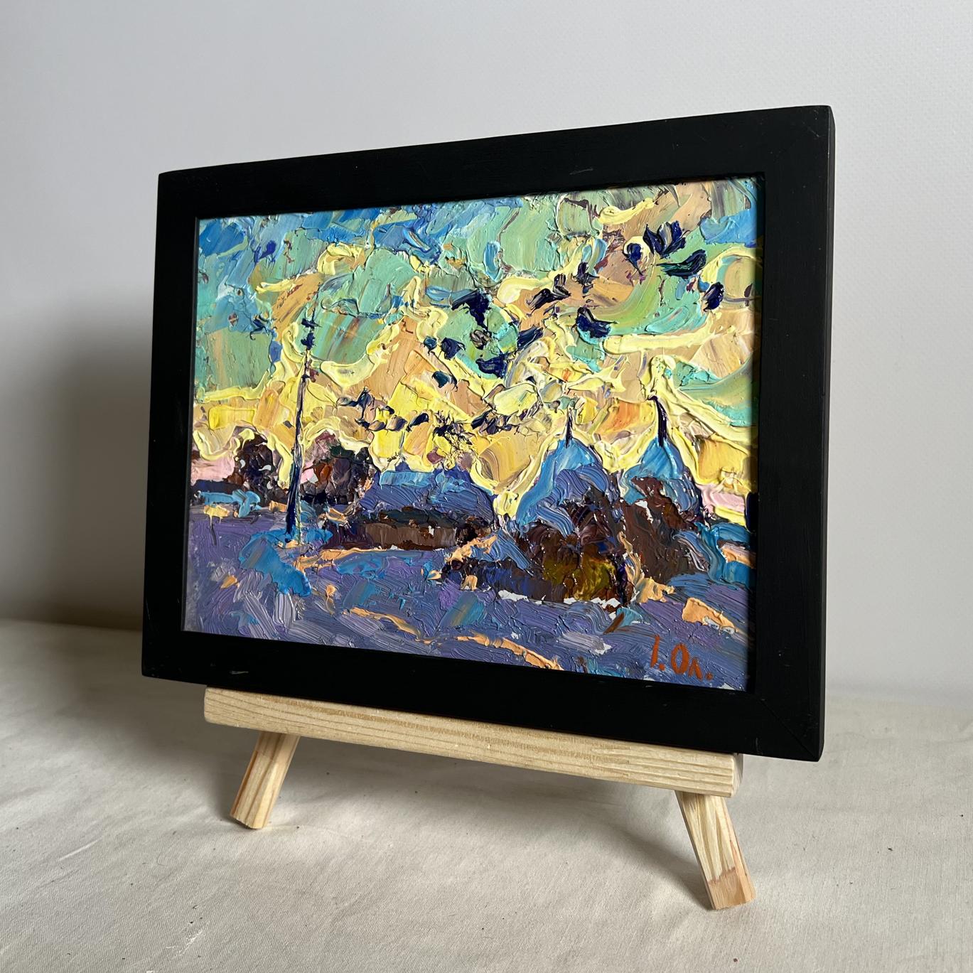 Oil painting Crows in the evening by Oleksiy Ivanyuk in black frame