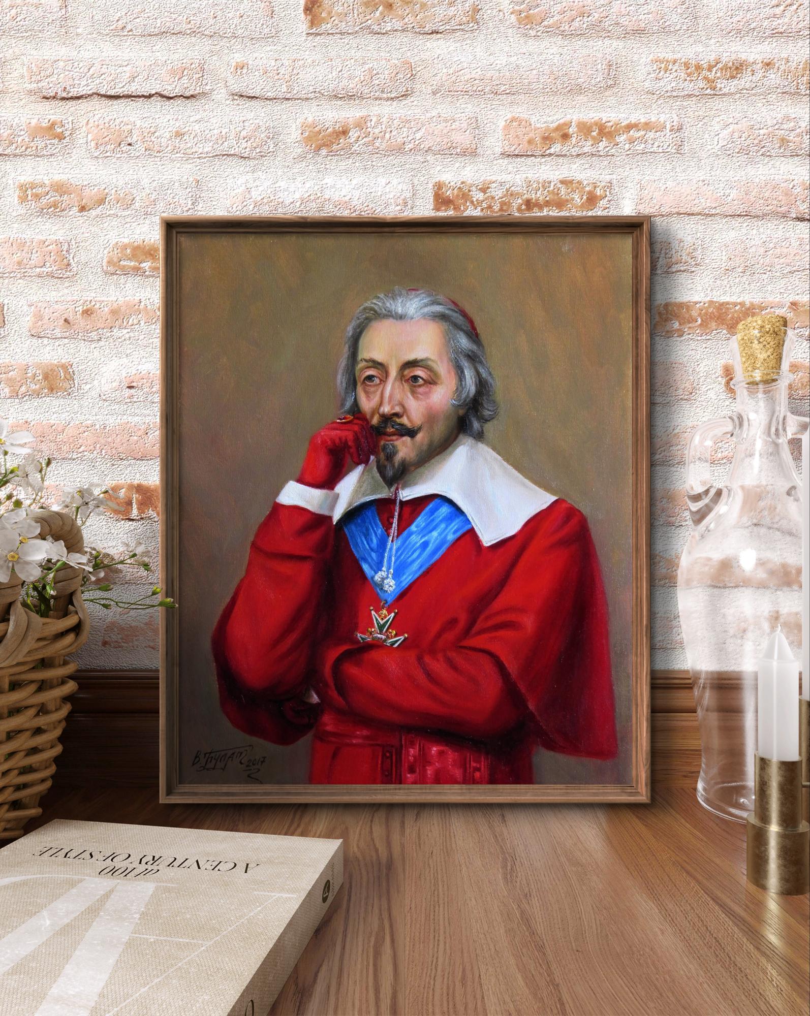 Oil painting Richelieu by Valeriy Bulat, framed portrait in red robe