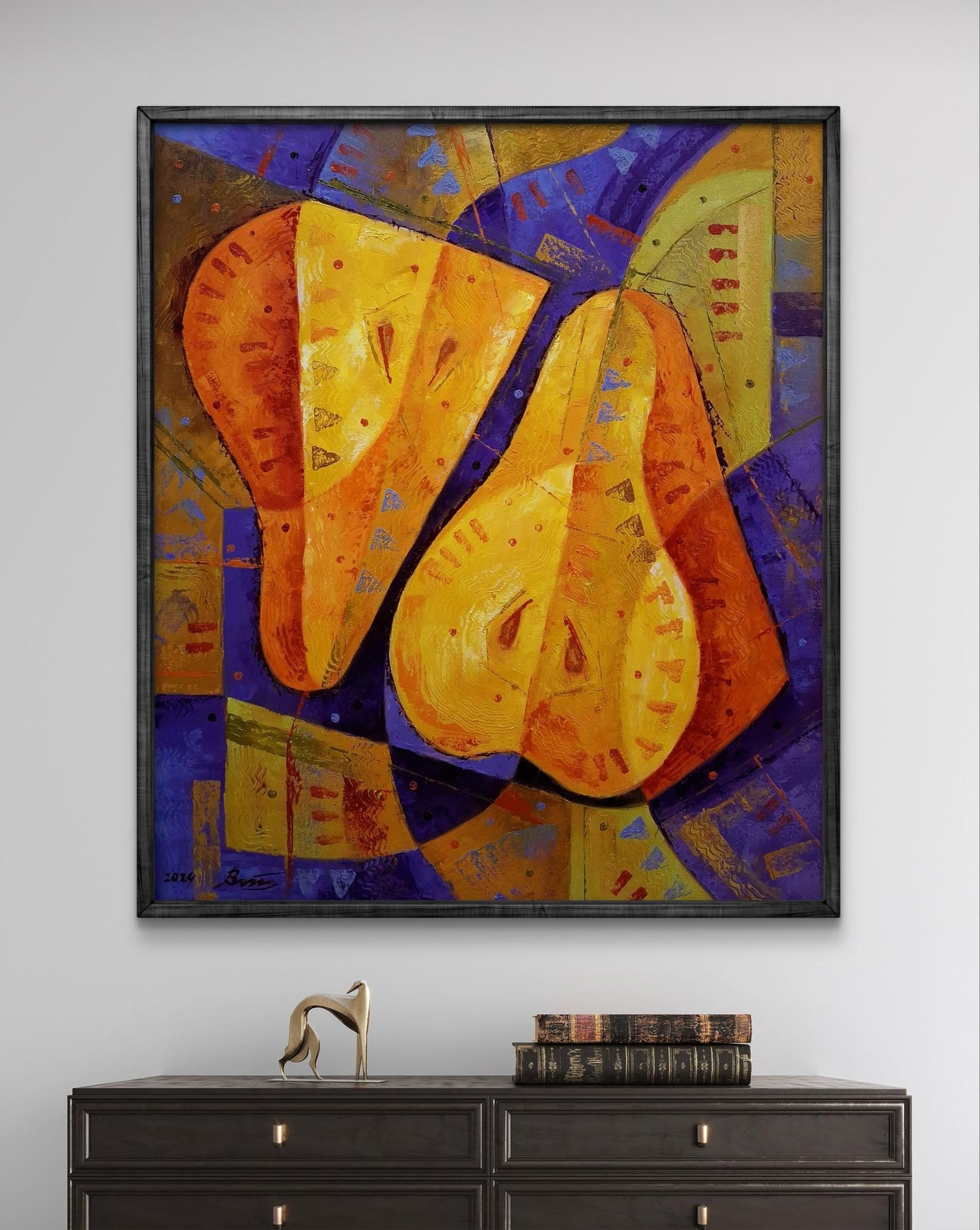 Oil painting Still life with pears by Sergiy Voichenko, sliced pears in orange tones