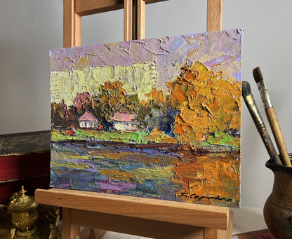 Oil painting Overlooking the city by Boris Serdyuk, rustic autumn village scene