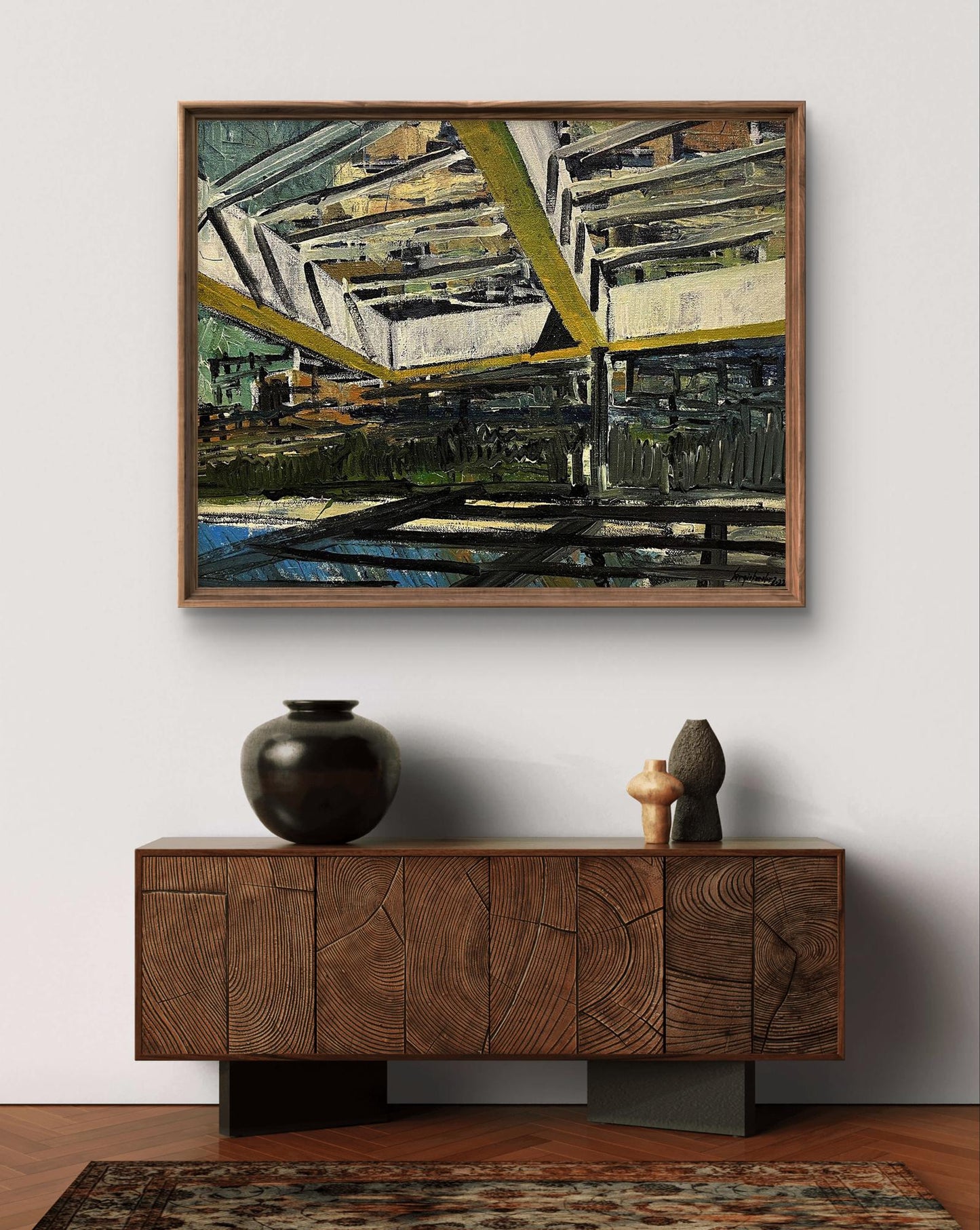 Oil painting Safe places by Serhiy Kovalev, yellow green geometric lines