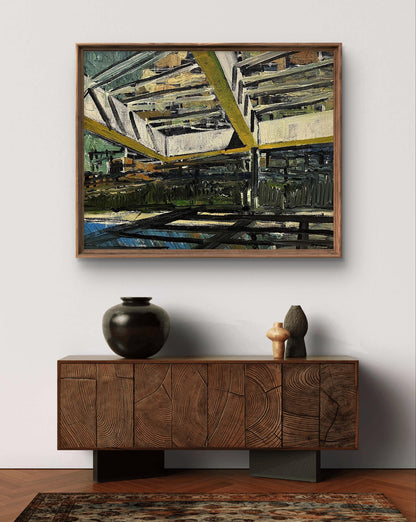 Oil painting Safe places by Serhiy Kovalev, yellow green geometric lines