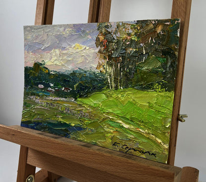 Vibrant impressionist oil painting Birch grove in morning sun by Boris Serdyuk