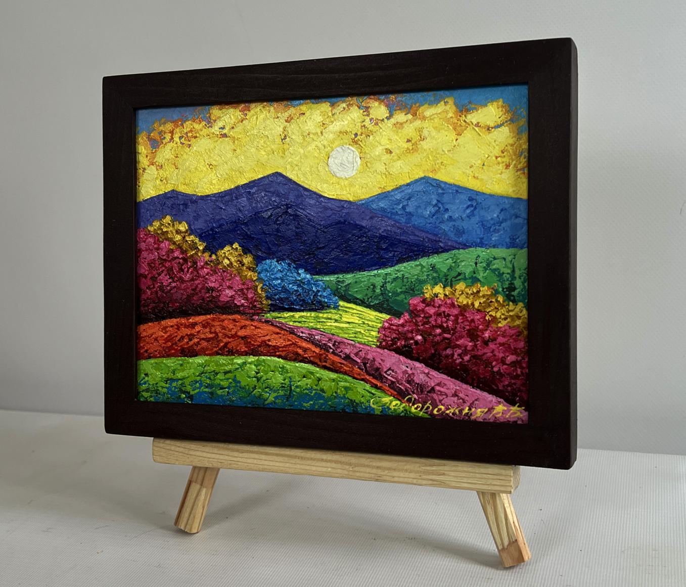 Oil painting An evening engulfed in sunset gold by V. Zadorozhnya in wooden frame