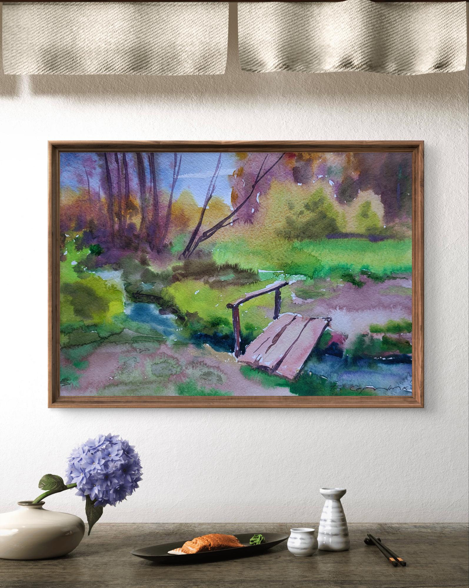 Watercolor painting Step across water by Boris Serdyuk in wooden frame