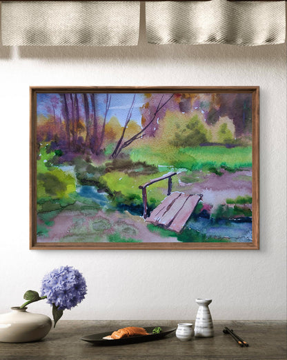 Watercolor painting Step across water by Boris Serdyuk in wooden frame