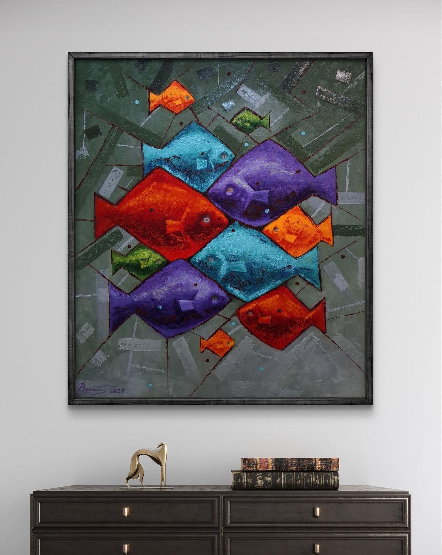 Vibrant abstract oil painting Eleven Brightly Colored Fish by Sergiy Voichenko in dark frame