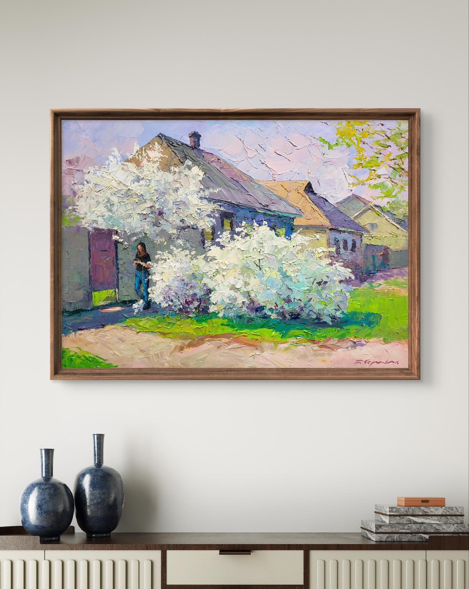 Oil painting April is on our street by Boris Serdyuk in wooden frame