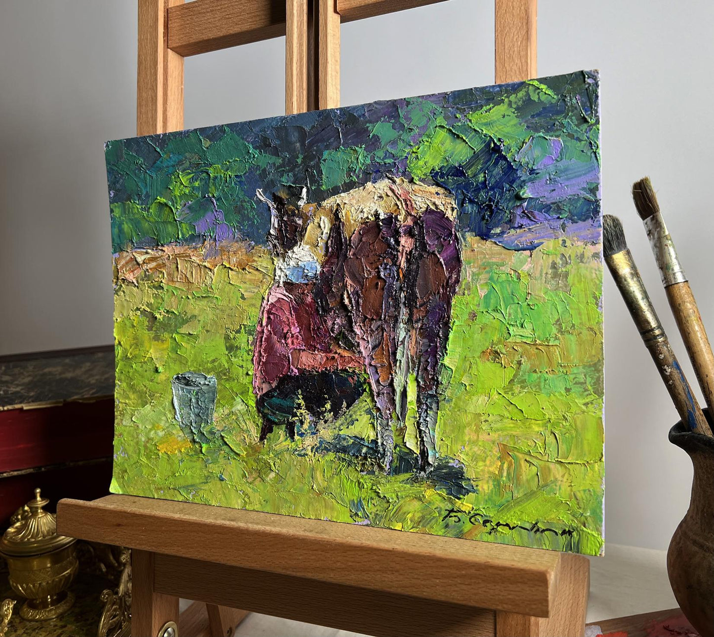 Vibrant oil painting of cow in field by Boris Serdyuk, Lunch Milking