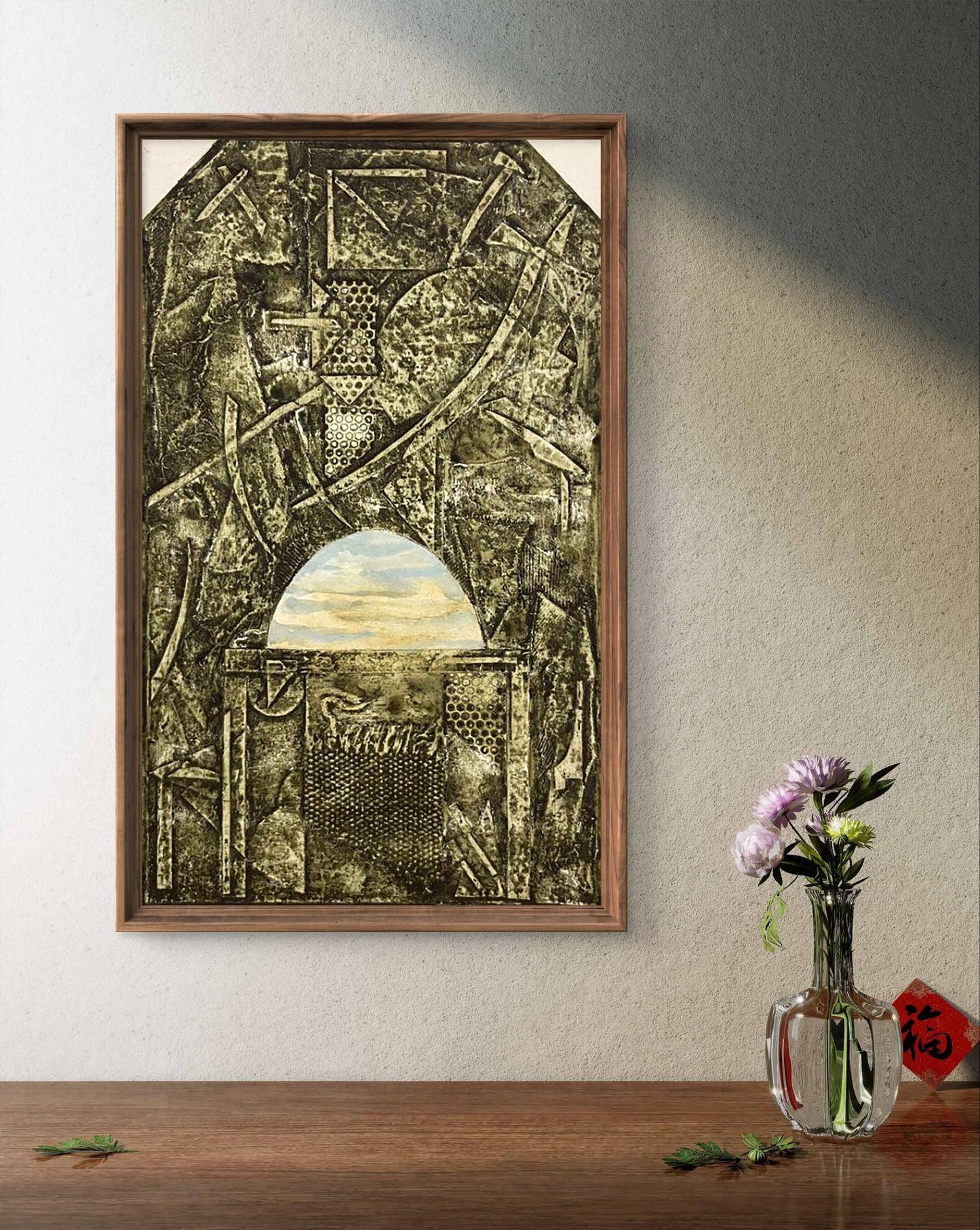 Framed Etching painting East Oleksandr Zhmailo with earthy geometric patterns