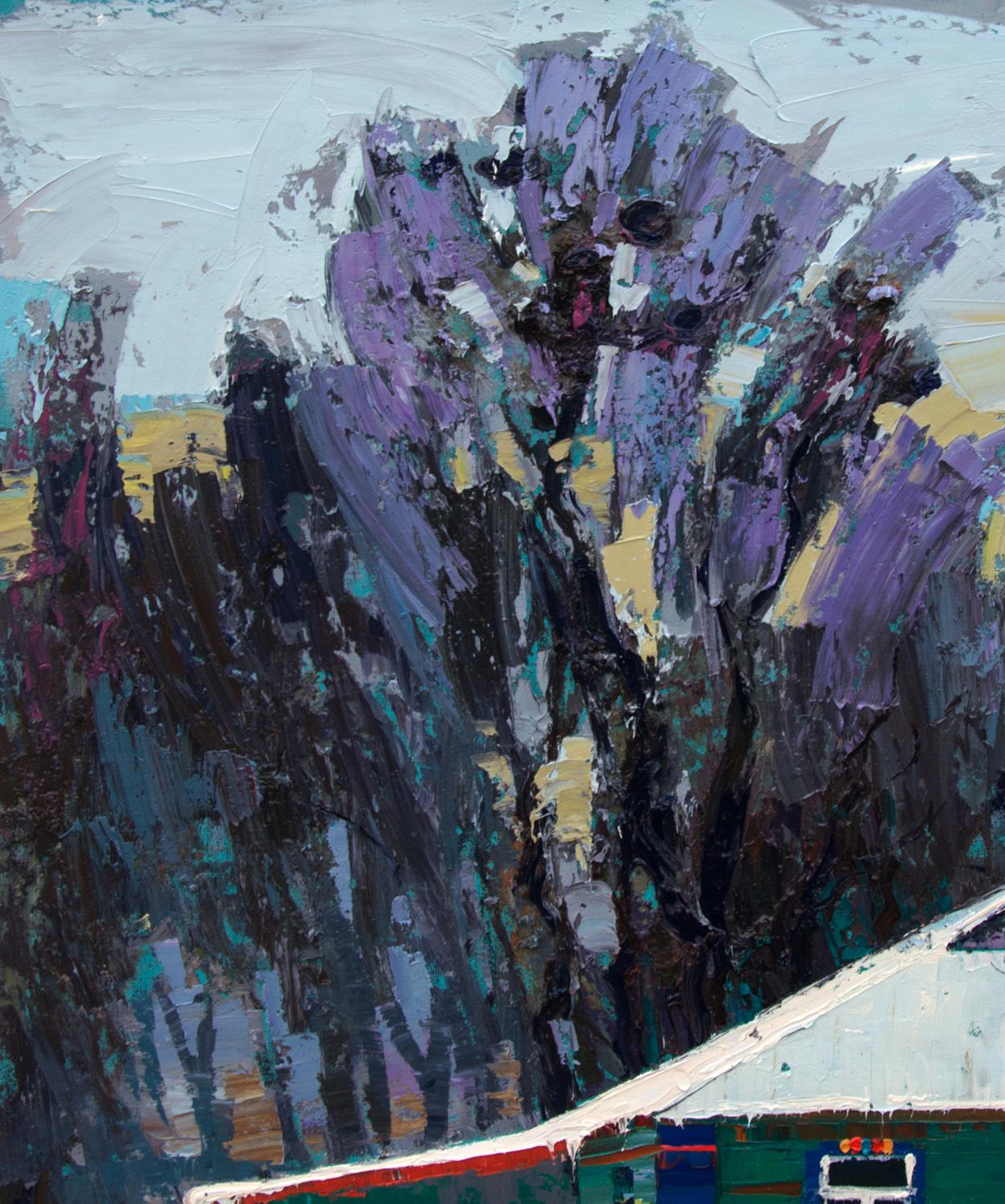Oil painting Snow covered gates by Natalia Korf-Ivaniuk, abstract purples and teal