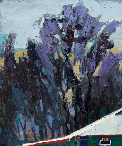 Oil painting Snow covered gates by Natalia Korf-Ivaniuk, abstract purples and teal