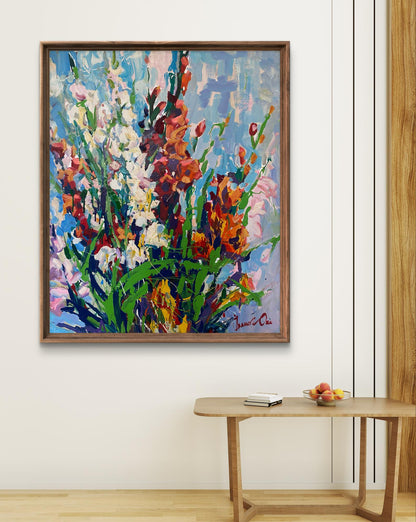 Oil painting Summer gladiolus by Oksana Ivanyuk in rustic frame